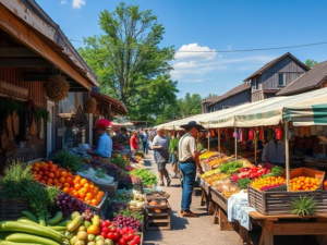 A bustling Amish farmers' market with fresh produce and handmade goods.