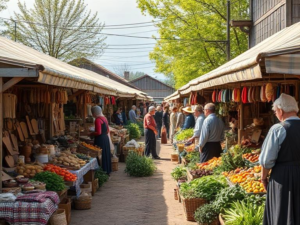 A bustling Amish market with stalls selling handmade goods and fresh produce