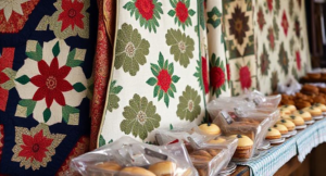 A close-up of handmade quilts and baked goods at an Amish market