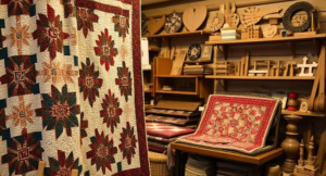 A close-up of handmade quilts and wooden crafts in an Amish store