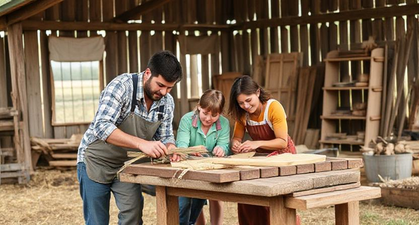 A family working together on a farm or crafting furniture