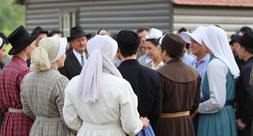  A group of Amish people gathered for a community event or church service