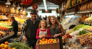 A happy family shopping at an Amish market