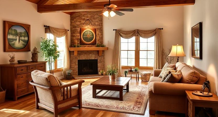 A living room styled with Amish furniture and natural decor