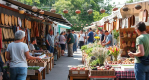 A local market with handmade goods and community members