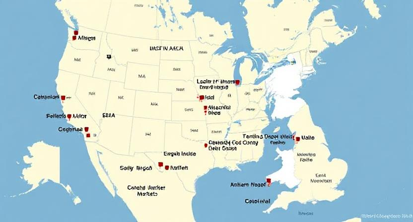 A map showing popular Amish market locations in the USA and UK