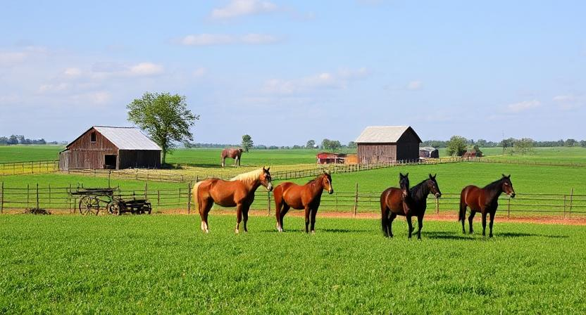  A peaceful Amish farm with horses and green fields