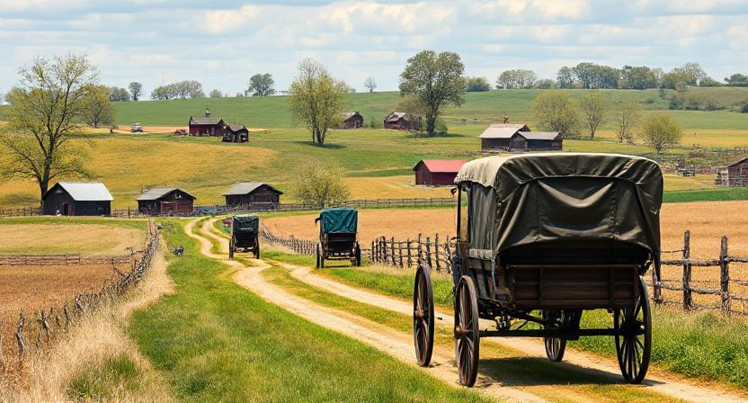 A scenic Amish countryside with buggies and farms