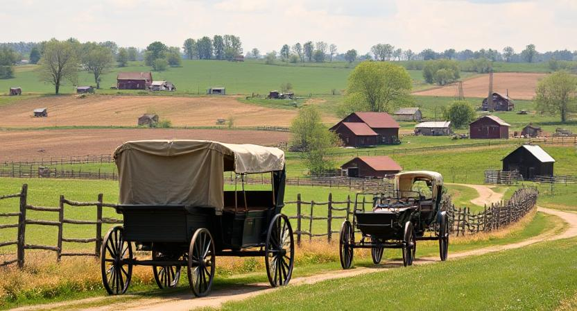 A scenic Amish countryside with buggies and farms