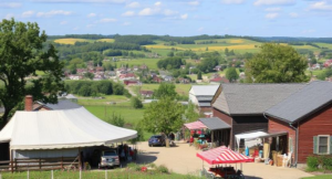 A scenic view of Lancaster County with an Amish market in the foreground