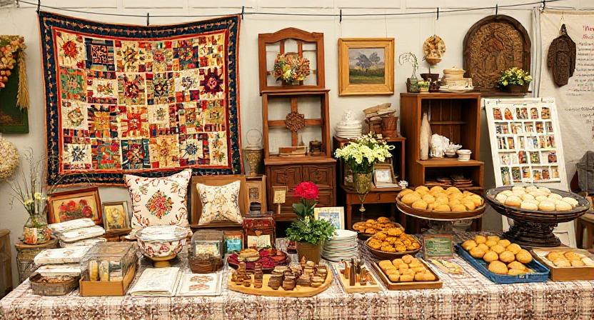 A table displaying various products like quilts, furniture, and baked goods
