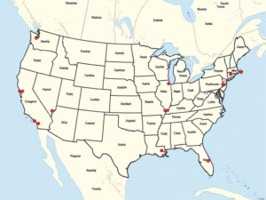  A map showing the locations of Amish Country in the USA.