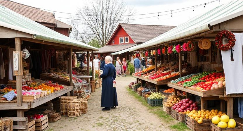 A bustling Amish market with stalls selling handmade goods and fresh produce
